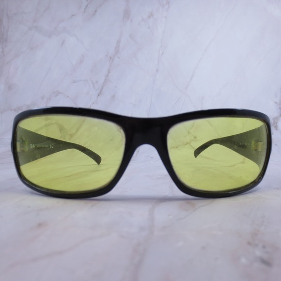 Ray-Ban RB 4057 601 3N Mens Sunglasses Black Wrap Rectangle Yellow Lens Italy